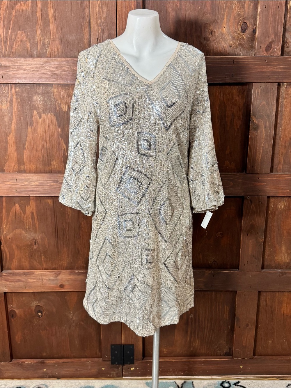 Skies Are Blue Silver Sequin V-Neck Long Sleeve Dress